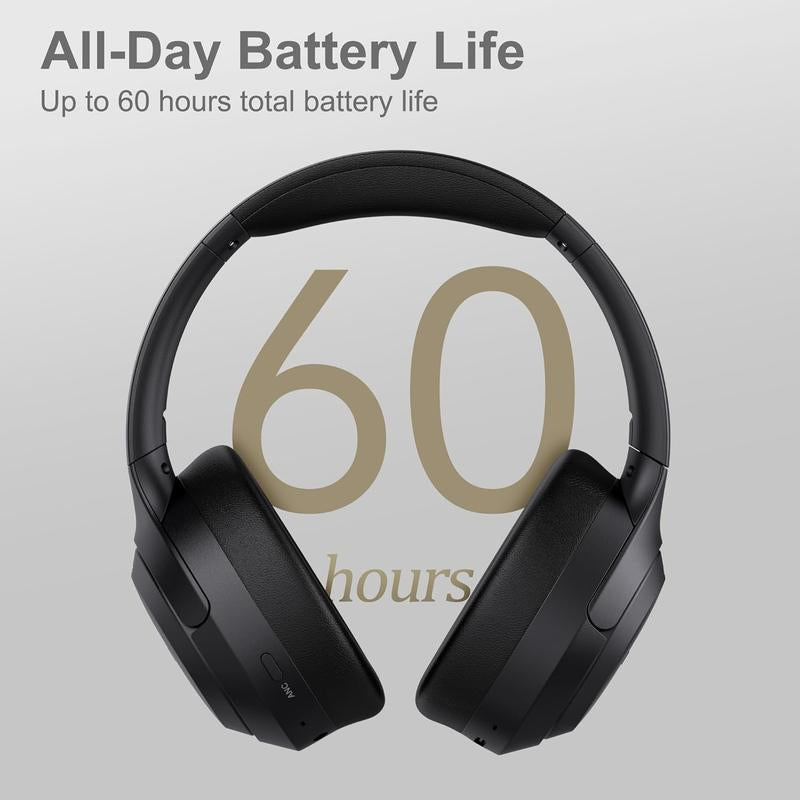 QC60 Hybrid Noise Cancenlling Headphones, over Ear Headsets with Microphone, 60H Playtime Foldable Lightweight, Deep Bass, Memory Earmuffs, for Travel Home Office
